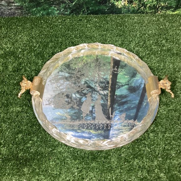 Vintage Murano Glass Serving Tray Etched Mirror 24kt Gold Flecks - Picture 2 of 10